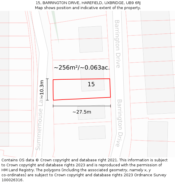 15, BARRINGTON DRIVE, HAREFIELD, UXBRIDGE, UB9 6RJ: Plot and title map