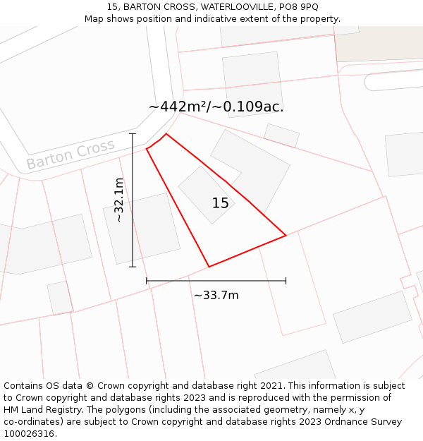 15, BARTON CROSS, WATERLOOVILLE, PO8 9PQ: Plot and title map