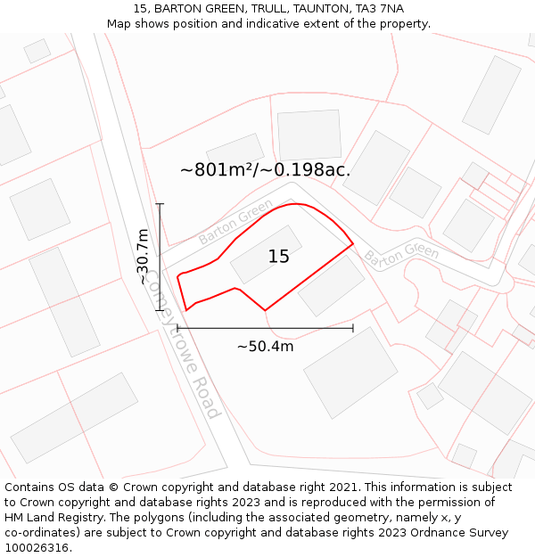 15, BARTON GREEN, TRULL, TAUNTON, TA3 7NA: Plot and title map