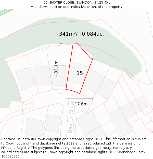 15, BAXTER CLOSE, SWINDON, SN25 4XL: Plot and title map