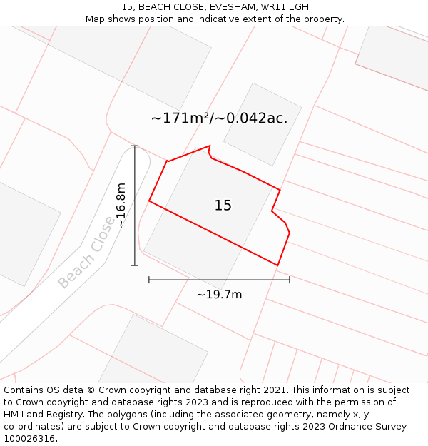 15, BEACH CLOSE, EVESHAM, WR11 1GH: Plot and title map