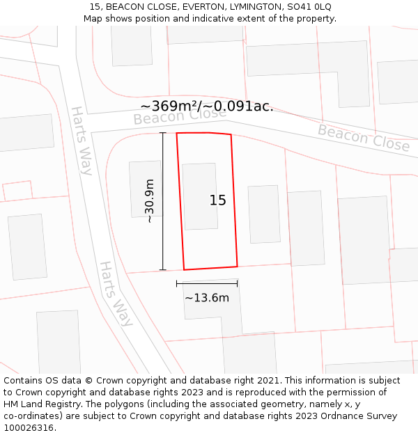 15, BEACON CLOSE, EVERTON, LYMINGTON, SO41 0LQ: Plot and title map