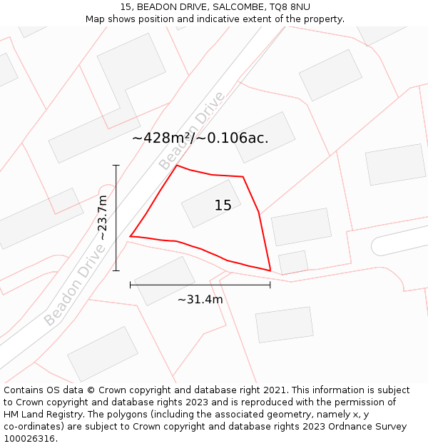 15, BEADON DRIVE, SALCOMBE, TQ8 8NU: Plot and title map