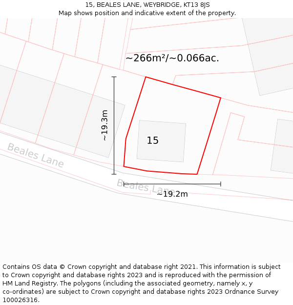 15, BEALES LANE, WEYBRIDGE, KT13 8JS: Plot and title map