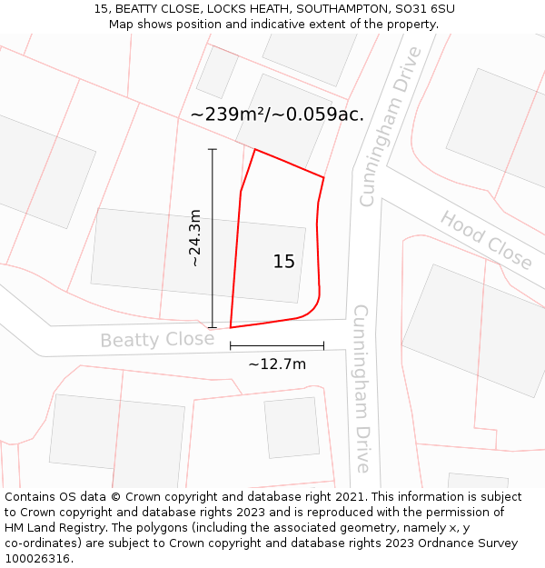 15, BEATTY CLOSE, LOCKS HEATH, SOUTHAMPTON, SO31 6SU: Plot and title map