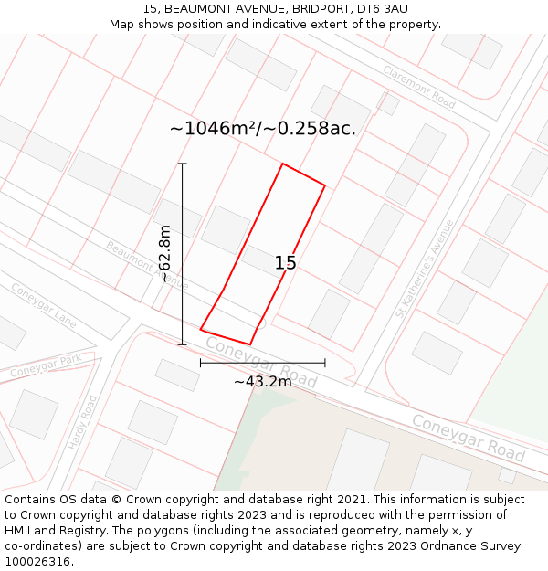 15, BEAUMONT AVENUE, BRIDPORT, DT6 3AU: Plot and title map