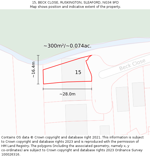 15, BECK CLOSE, RUSKINGTON, SLEAFORD, NG34 9FD: Plot and title map