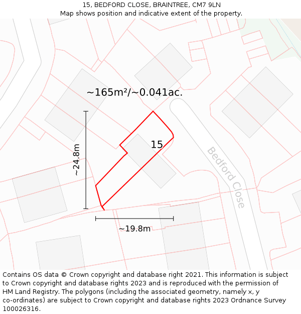 15, BEDFORD CLOSE, BRAINTREE, CM7 9LN: Plot and title map