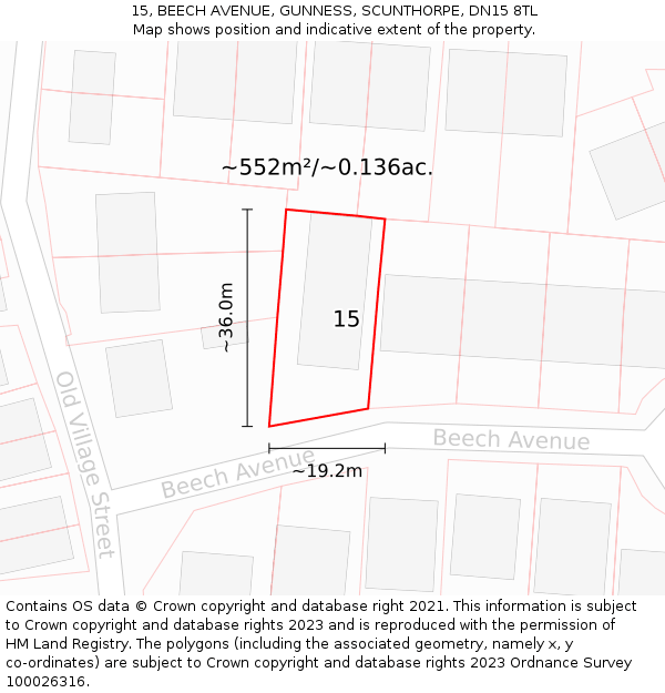 15, BEECH AVENUE, GUNNESS, SCUNTHORPE, DN15 8TL: Plot and title map