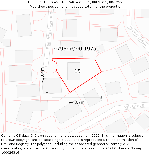 15, BEECHFIELD AVENUE, WREA GREEN, PRESTON, PR4 2NX: Plot and title map