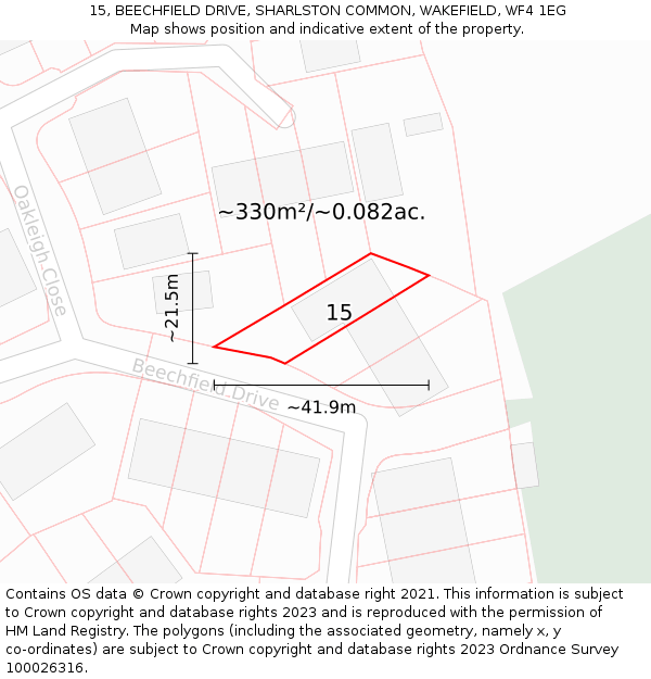 15, BEECHFIELD DRIVE, SHARLSTON COMMON, WAKEFIELD, WF4 1EG: Plot and title map