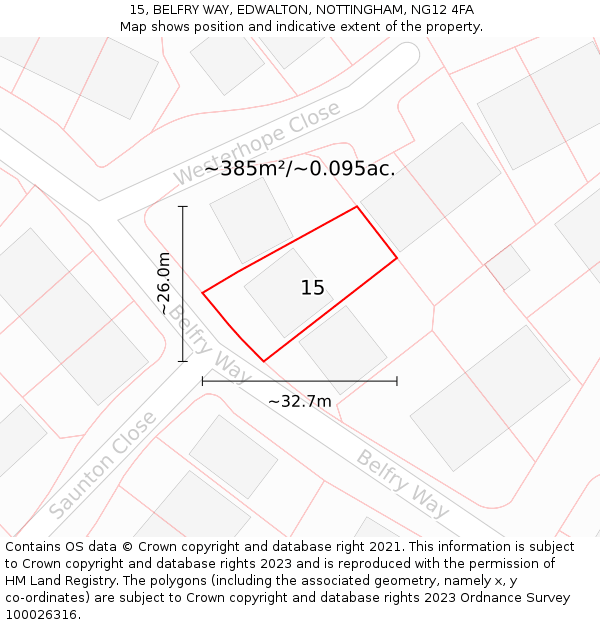 15, BELFRY WAY, EDWALTON, NOTTINGHAM, NG12 4FA: Plot and title map