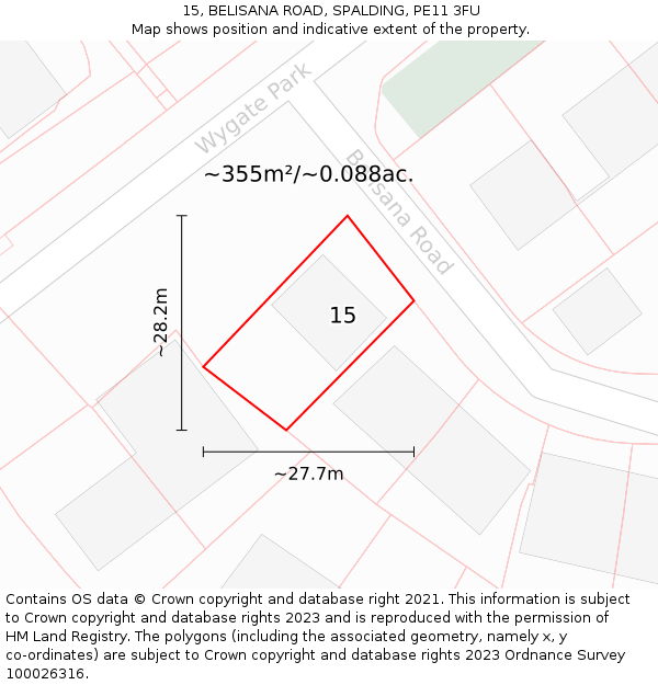 15, BELISANA ROAD, SPALDING, PE11 3FU: Plot and title map