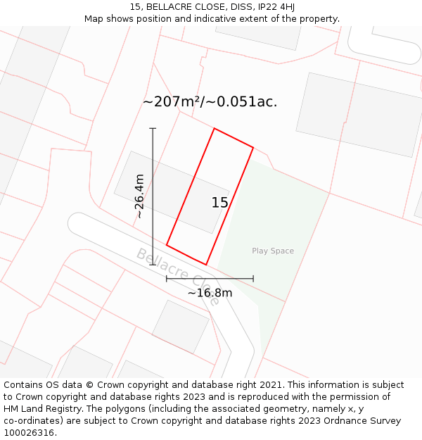 15, BELLACRE CLOSE, DISS, IP22 4HJ: Plot and title map