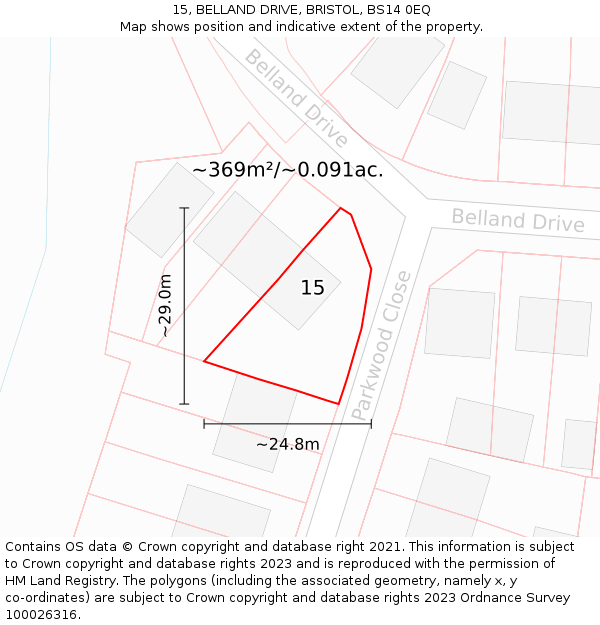 15, BELLAND DRIVE, BRISTOL, BS14 0EQ: Plot and title map