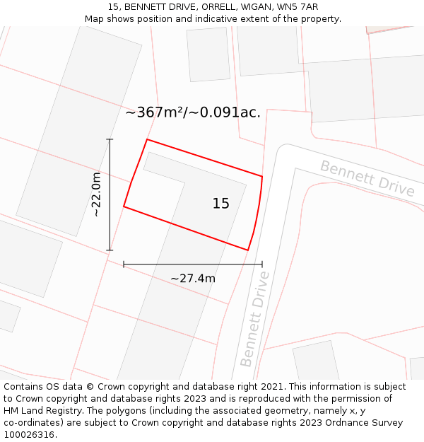 15, BENNETT DRIVE, ORRELL, WIGAN, WN5 7AR: Plot and title map