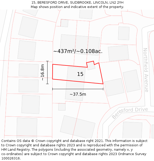 15, BERESFORD DRIVE, SUDBROOKE, LINCOLN, LN2 2YH: Plot and title map