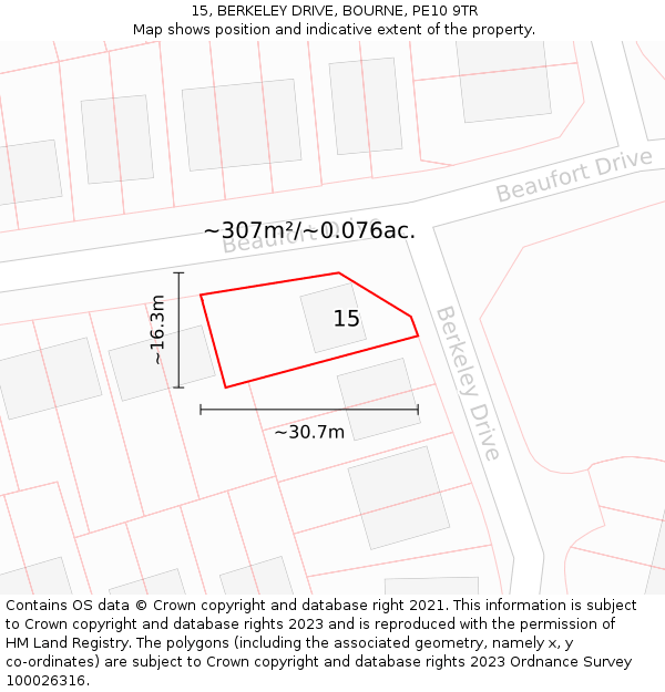 15, BERKELEY DRIVE, BOURNE, PE10 9TR: Plot and title map