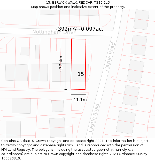 15, BERWICK WALK, REDCAR, TS10 2LD: Plot and title map