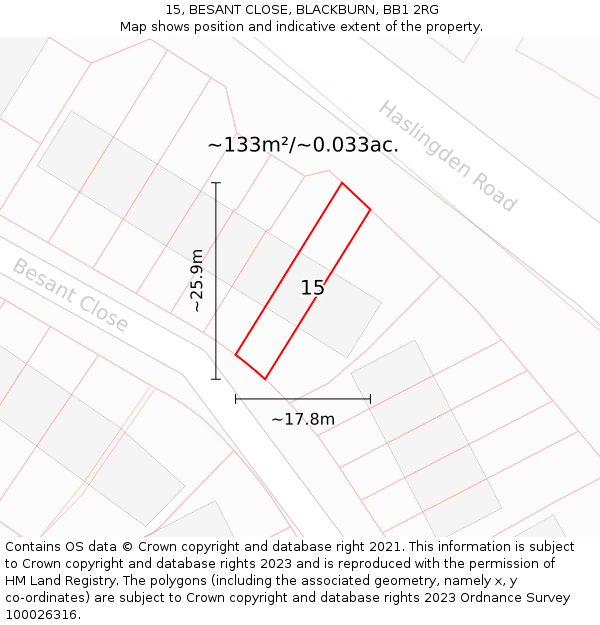 15, BESANT CLOSE, BLACKBURN, BB1 2RG: Plot and title map