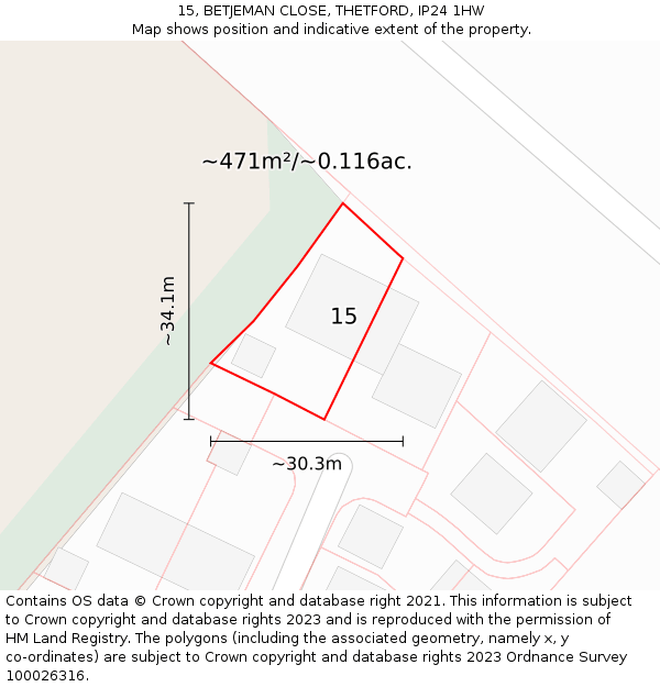 15, BETJEMAN CLOSE, THETFORD, IP24 1HW: Plot and title map