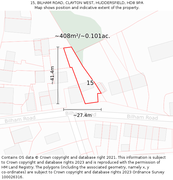 15, BILHAM ROAD, CLAYTON WEST, HUDDERSFIELD, HD8 9PA: Plot and title map