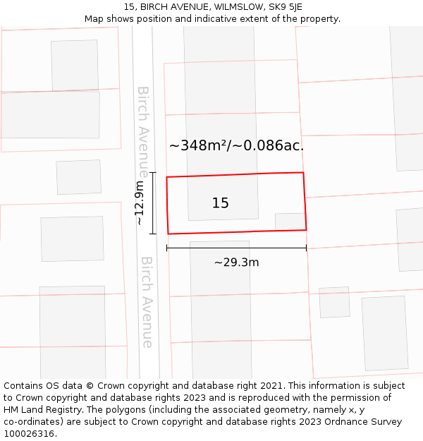 15, BIRCH AVENUE, WILMSLOW, SK9 5JE: Plot and title map