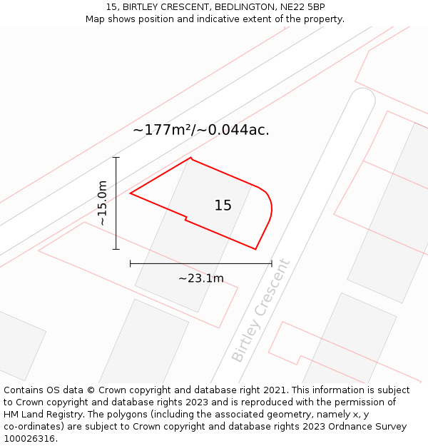 15, BIRTLEY CRESCENT, BEDLINGTON, NE22 5BP: Plot and title map