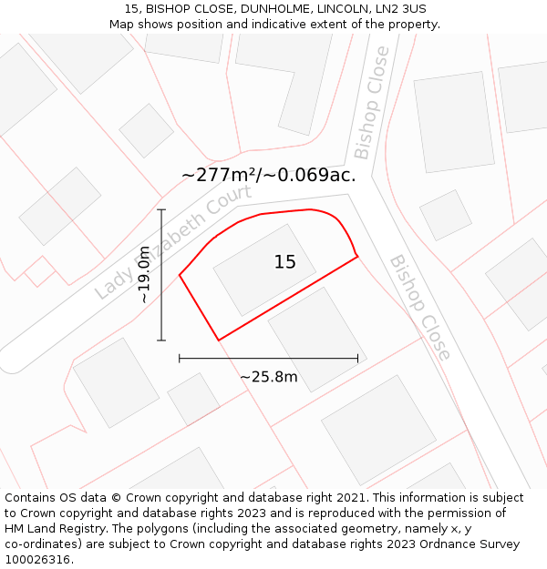 15, BISHOP CLOSE, DUNHOLME, LINCOLN, LN2 3US: Plot and title map