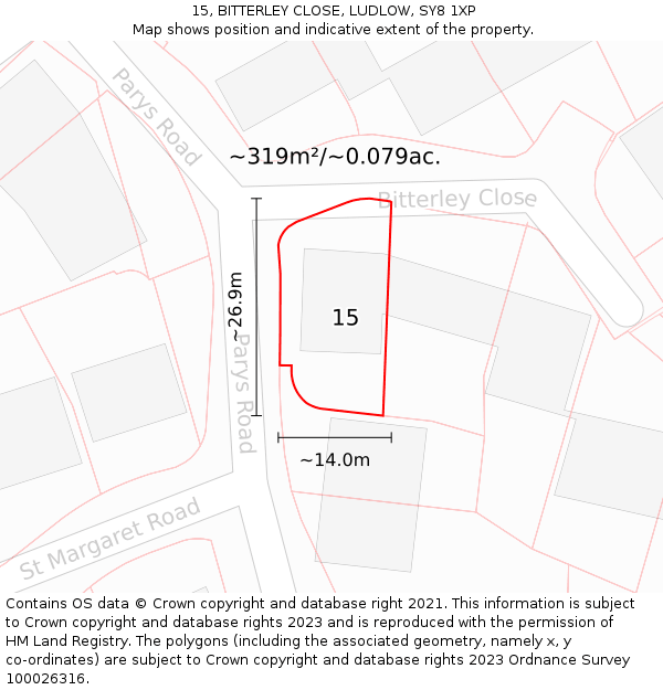 15, BITTERLEY CLOSE, LUDLOW, SY8 1XP: Plot and title map