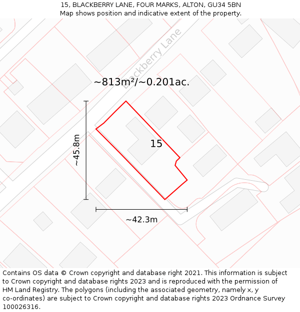 15, BLACKBERRY LANE, FOUR MARKS, ALTON, GU34 5BN: Plot and title map