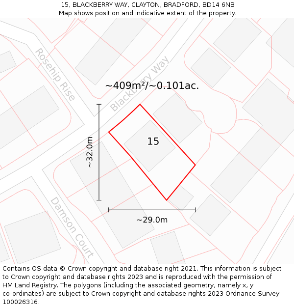15, BLACKBERRY WAY, CLAYTON, BRADFORD, BD14 6NB: Plot and title map