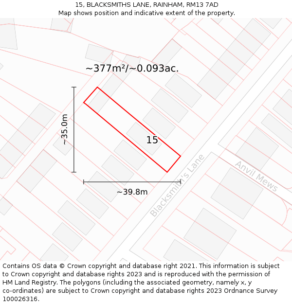 15, BLACKSMITHS LANE, RAINHAM, RM13 7AD: Plot and title map