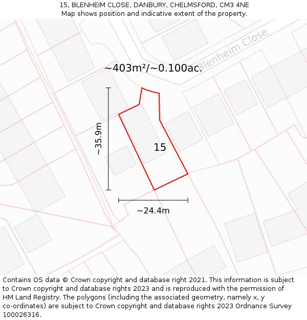 15, BLENHEIM CLOSE, DANBURY, CHELMSFORD, CM3 4NE: Plot and title map