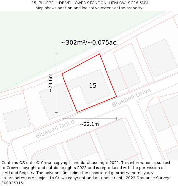15, BLUEBELL DRIVE, LOWER STONDON, HENLOW, SG16 6NN: Plot and title map