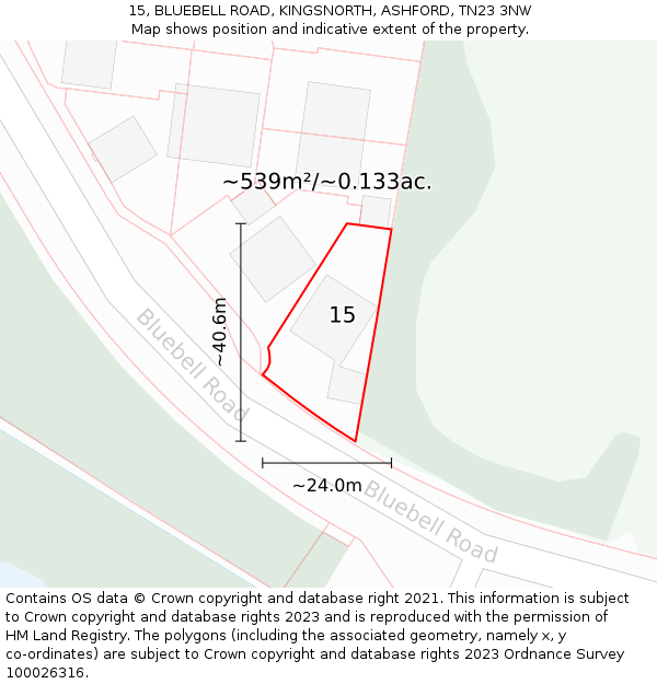 15, BLUEBELL ROAD, KINGSNORTH, ASHFORD, TN23 3NW: Plot and title map