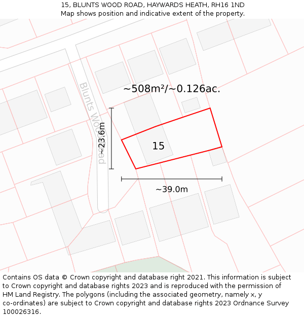 15, BLUNTS WOOD ROAD, HAYWARDS HEATH, RH16 1ND: Plot and title map