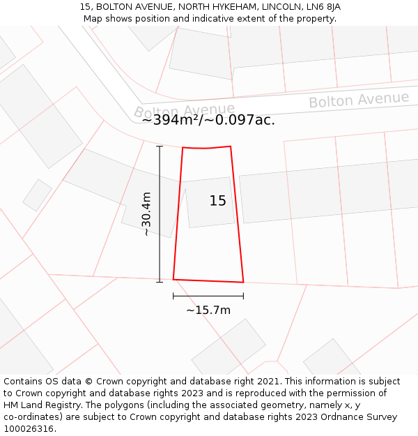 15, BOLTON AVENUE, NORTH HYKEHAM, LINCOLN, LN6 8JA: Plot and title map