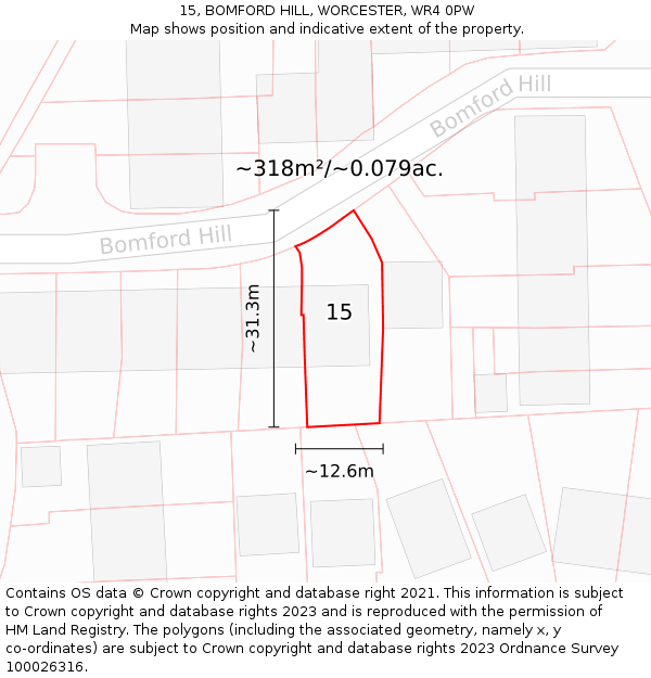 15, BOMFORD HILL, WORCESTER, WR4 0PW: Plot and title map
