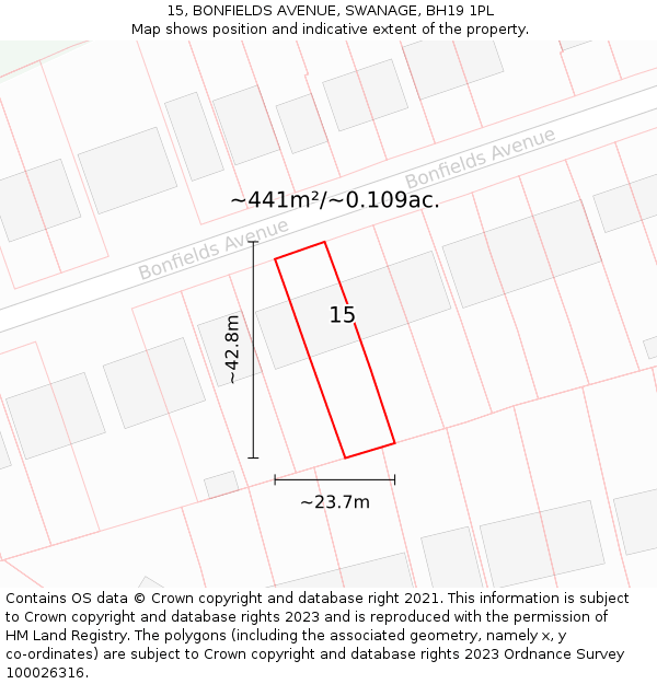 15, BONFIELDS AVENUE, SWANAGE, BH19 1PL: Plot and title map