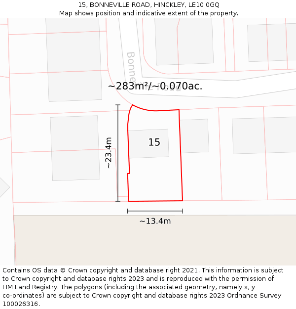 15, BONNEVILLE ROAD, HINCKLEY, LE10 0GQ: Plot and title map