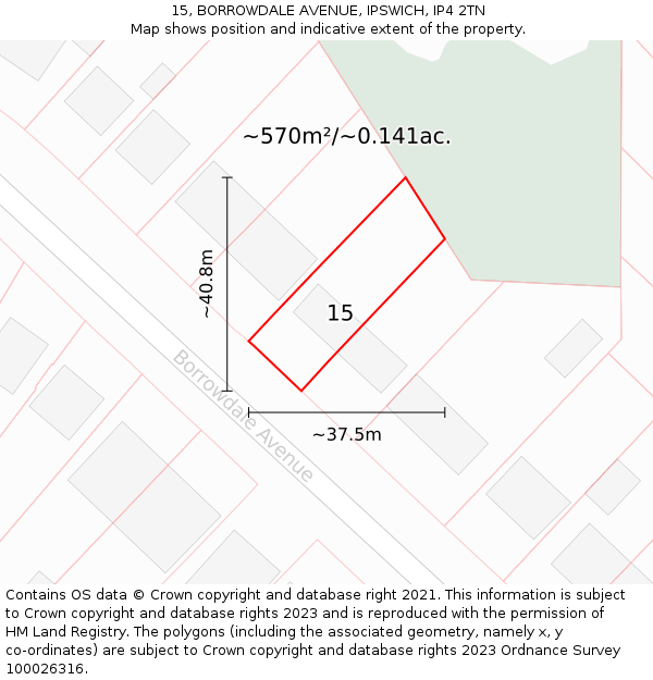 15, BORROWDALE AVENUE, IPSWICH, IP4 2TN: Plot and title map