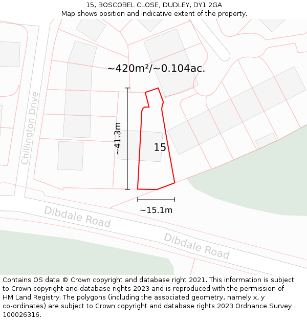 15, BOSCOBEL CLOSE, DUDLEY, DY1 2GA: Plot and title map