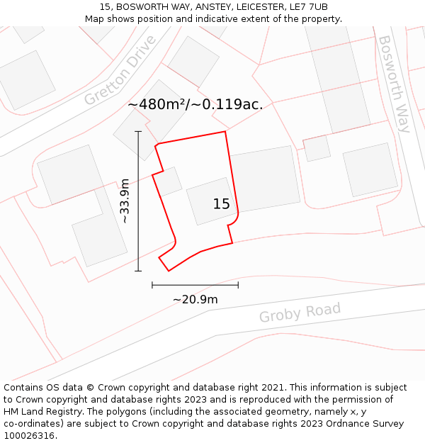 15, BOSWORTH WAY, ANSTEY, LEICESTER, LE7 7UB: Plot and title map