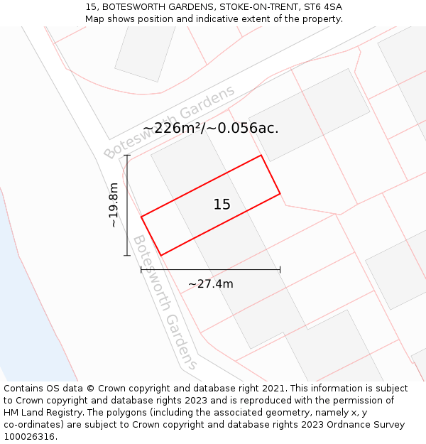 15, BOTESWORTH GARDENS, STOKE-ON-TRENT, ST6 4SA: Plot and title map