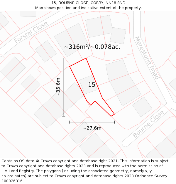 15, BOURNE CLOSE, CORBY, NN18 8ND: Plot and title map