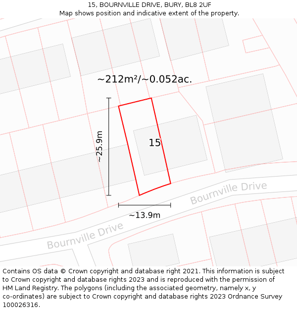 15, BOURNVILLE DRIVE, BURY, BL8 2UF: Plot and title map