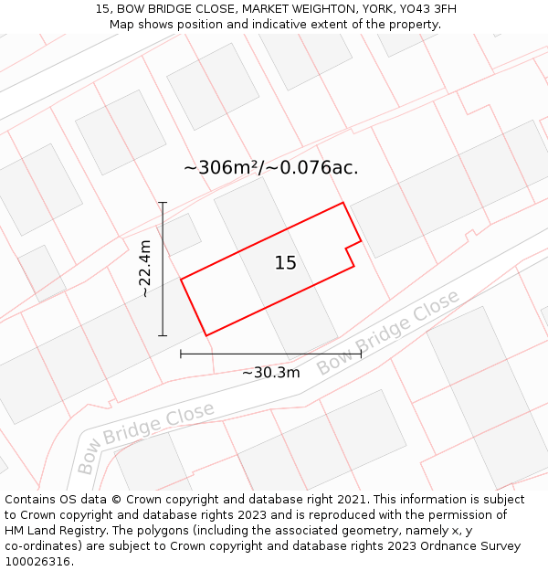 15, BOW BRIDGE CLOSE, MARKET WEIGHTON, YORK, YO43 3FH: Plot and title map