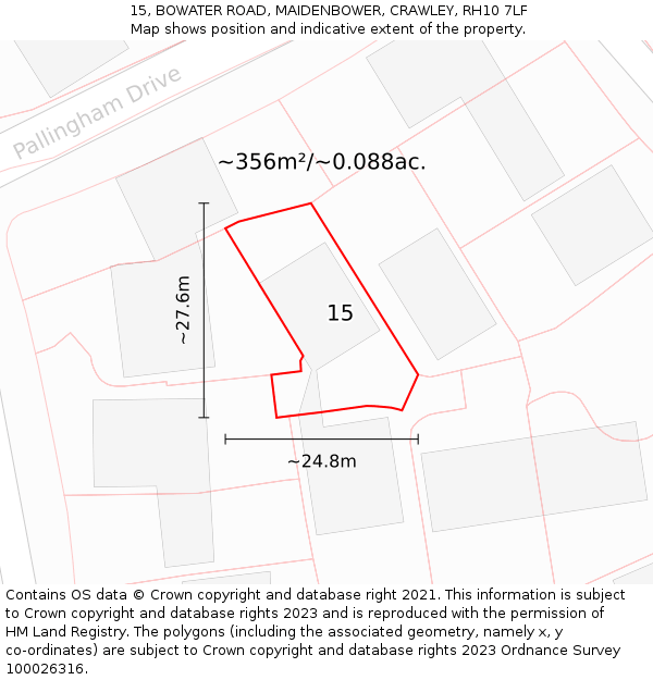 15, BOWATER ROAD, MAIDENBOWER, CRAWLEY, RH10 7LF: Plot and title map