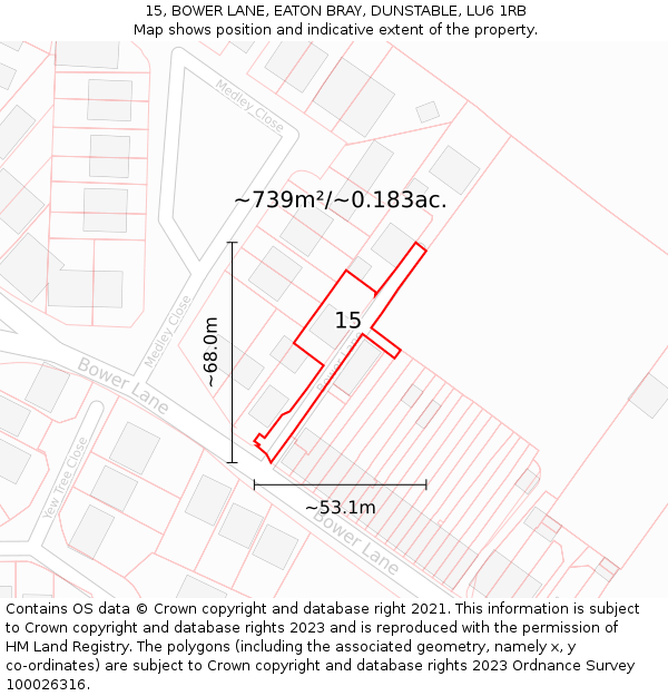 15, BOWER LANE, EATON BRAY, DUNSTABLE, LU6 1RB: Plot and title map
